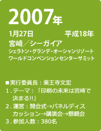 2007年1月27日 －平成18年－ 宮崎／シーガイアシェラトン・グランデ・オーシャンリゾートワールドコンベンションセンターサミット ■実行委員長／薬王寺文宏 1．テーマ：「印刷の未来は宮崎で決まる！！」2．運営：開会式→パネルディスカッション→講演会→懇親会 3．参加人数：380名